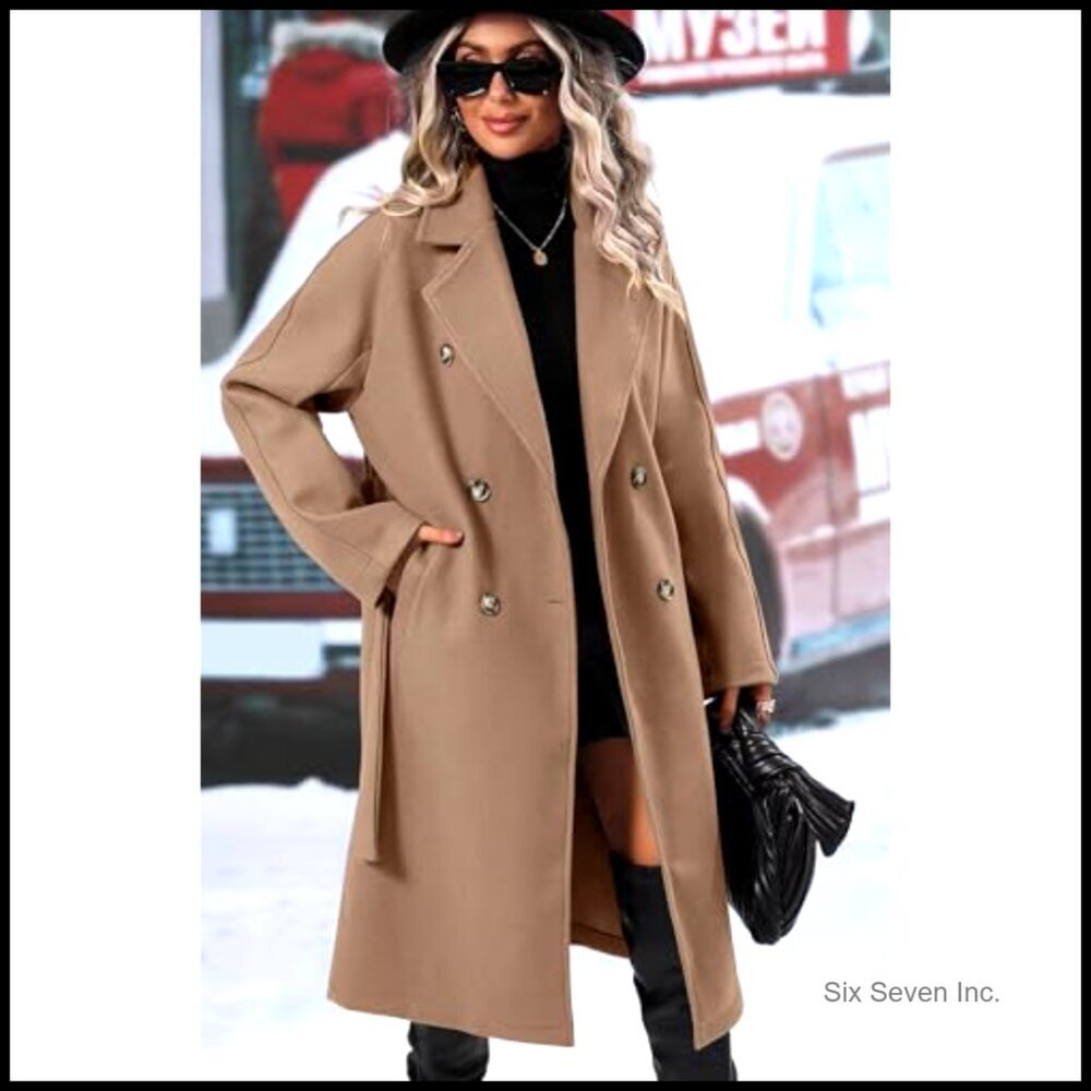 Wool Blend Double Breasted Pea Coat with Belt and Pockets - Picture 3 of 5
